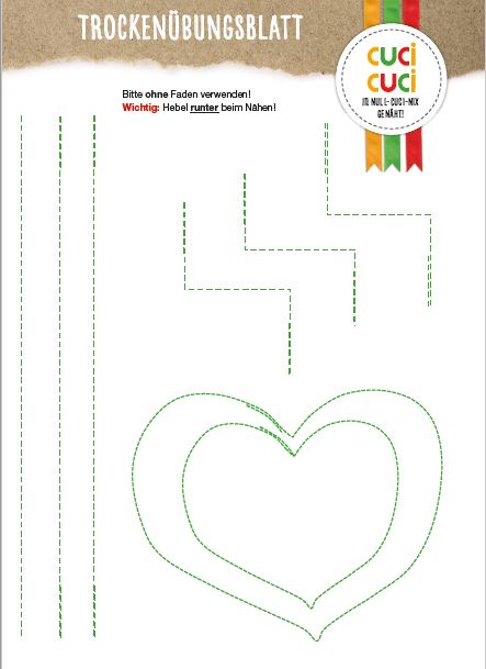 Eine Seite zum Downloaden mit gestrichelten Linien in jeweils unterschiedlichen Formen, um das Nähen mit der Nähmaschine zu üben