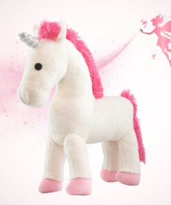 Fertiggenähtes Einhorn Elly von vorne seitlich mit silbernem Horn und rosaroter Mähne