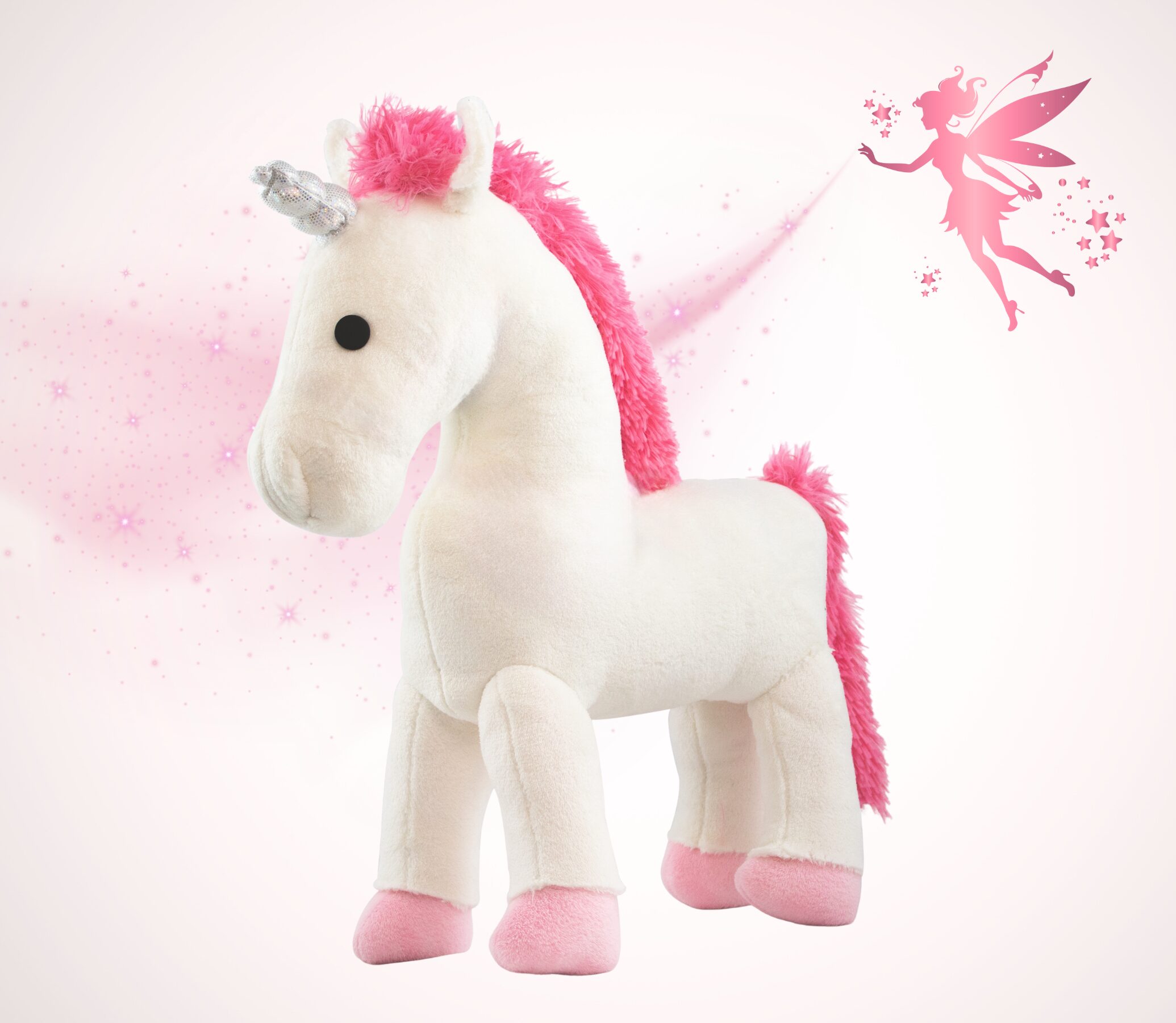 Fertiggenähtes Einhorn Elly von vorne seitlich mit silbernem Horn und rosaroter Mähne