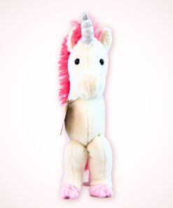Fertiggenähtes Einhorn Elly von vorne seitlich mit silbernem Horn und rosaroter Mähne