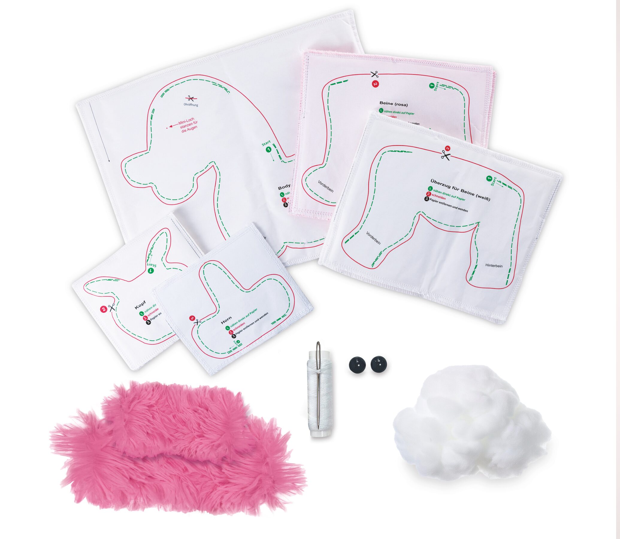 Abbildung des Nähpaketinhalts Einhorn "Elly" mit auf dem weißen Stoff aufgebügelten Nähvorlagen, rosafarbenen Plüschstoff für die Mähne, Füllwatte, Augen sowie Nadel und weißen Faden