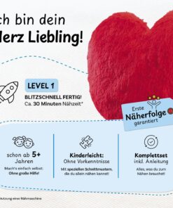 Produktbeschreibung: das DIY-Nähset Herz Liebling ist ein Komplettset, mit dem Kinder ab 5+ Jahren auch ohne Vorkenntnisse sofort losnähen können. Nähzeit 30 Minuten bei Benutzung einer Nähmaschine und unter Aufsicht eines Erwachsenen.