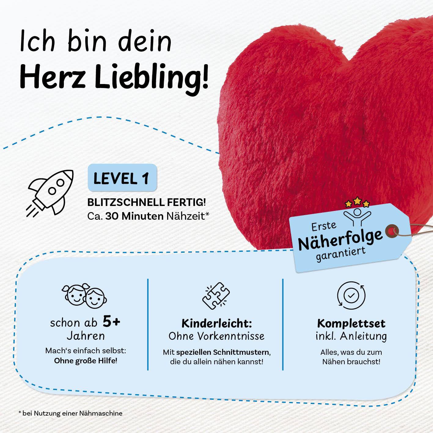Produktbeschreibung: das DIY-Nähset Herz Liebling ist ein Komplettset, mit dem Kinder ab 5+ Jahren auch ohne Vorkenntnisse sofort losnähen können. Nähzeit 30 Minuten bei Benutzung einer Nähmaschine und unter Aufsicht eines Erwachsenen.