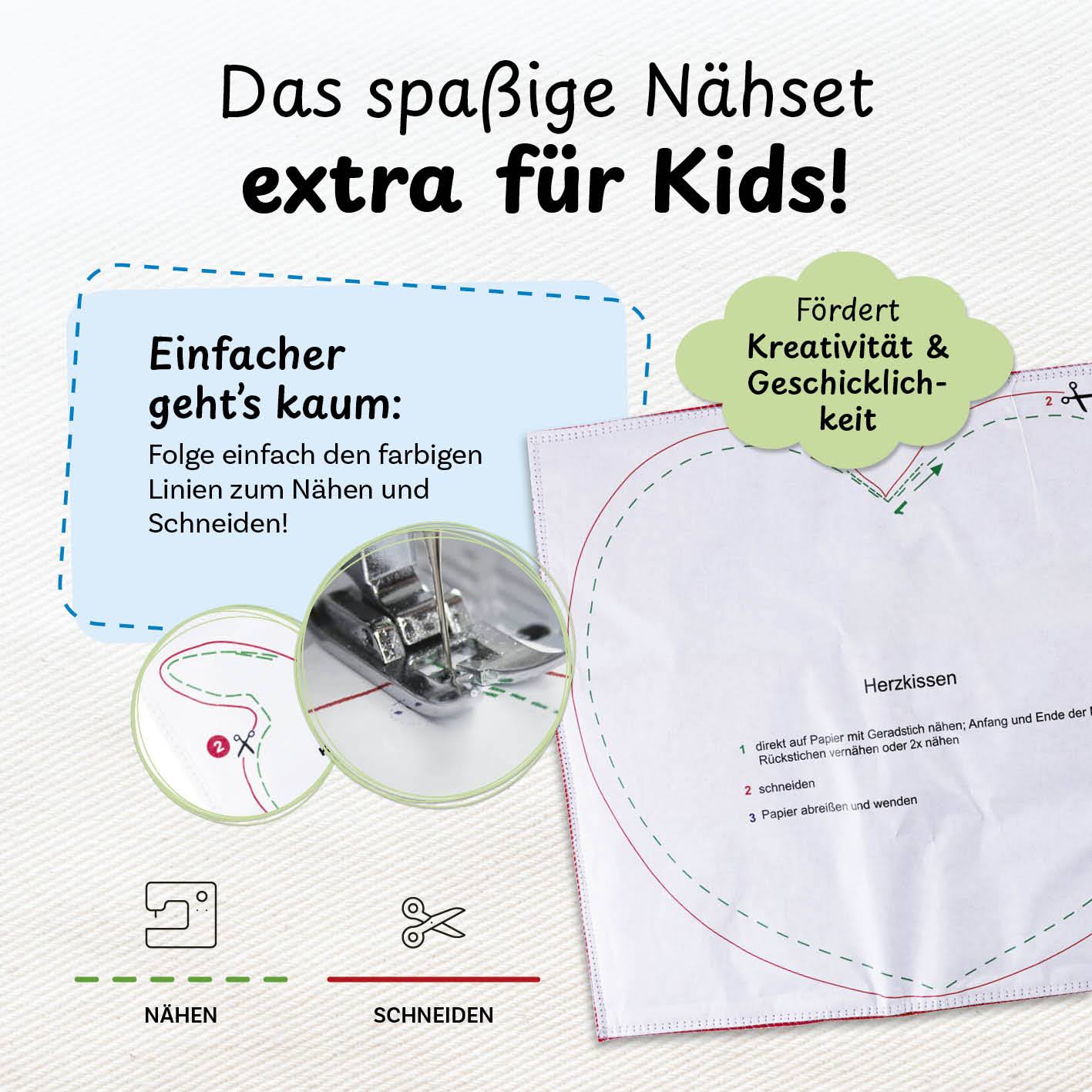 Beschreibung wie einfach das cuci cuci-Nähset Herz Liebling anzuwenden ist und welche Vorteile es unter anderem hat.